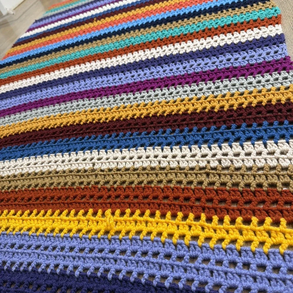 Vintage Homemade Crocheted Quilt Stripe Blanket 38